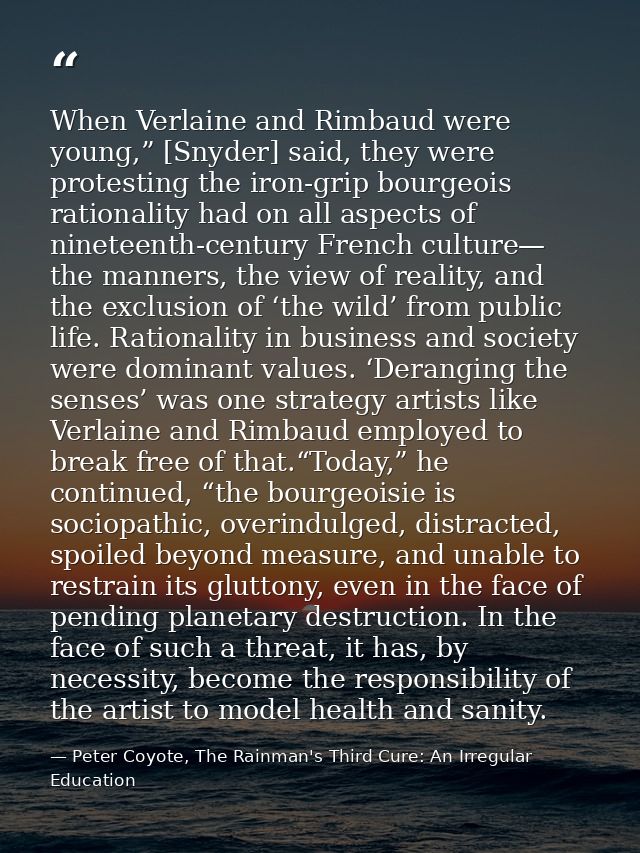 When Verlaine and Rimbaud were young,” [Snyder] said, they were protesting the iron-grip bourgeois rationality had on al — Peter Coyote, The Rainman's Third Cure: An Irregular Education