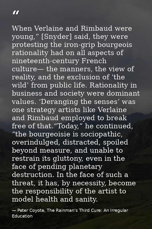 When Verlaine and Rimbaud were young,” [Snyder] said, they were protesting the iron-grip bourgeois rationality had on al — Peter Coyote, The Rainman's Third Cure: An Irregular Education