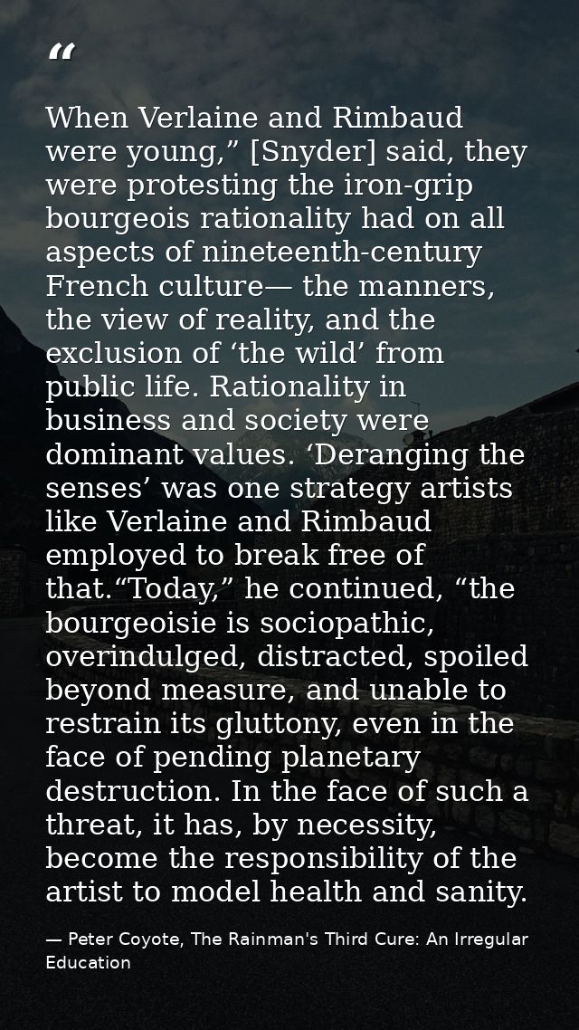 When Verlaine and Rimbaud were young,” [Snyder] said, they were protesting the iron-grip bourgeois rationality had on al — Peter Coyote, The Rainman's Third Cure: An Irregular Education