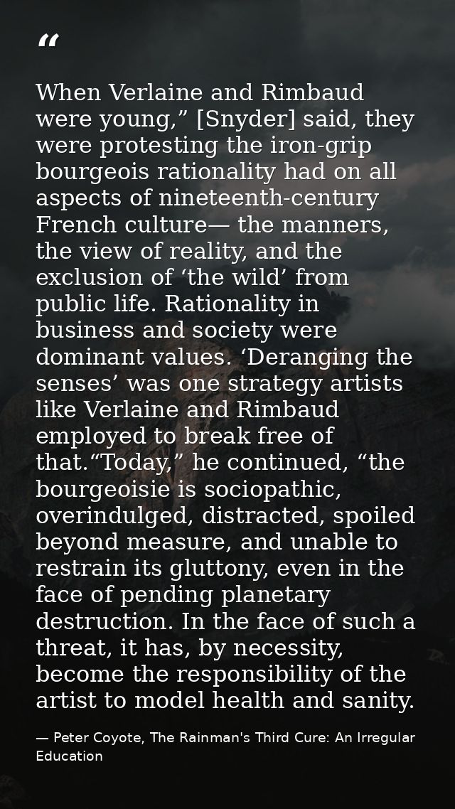 When Verlaine and Rimbaud were young,” [Snyder] said, they were protesting the iron-grip bourgeois rationality had on al — Peter Coyote, The Rainman's Third Cure: An Irregular Education