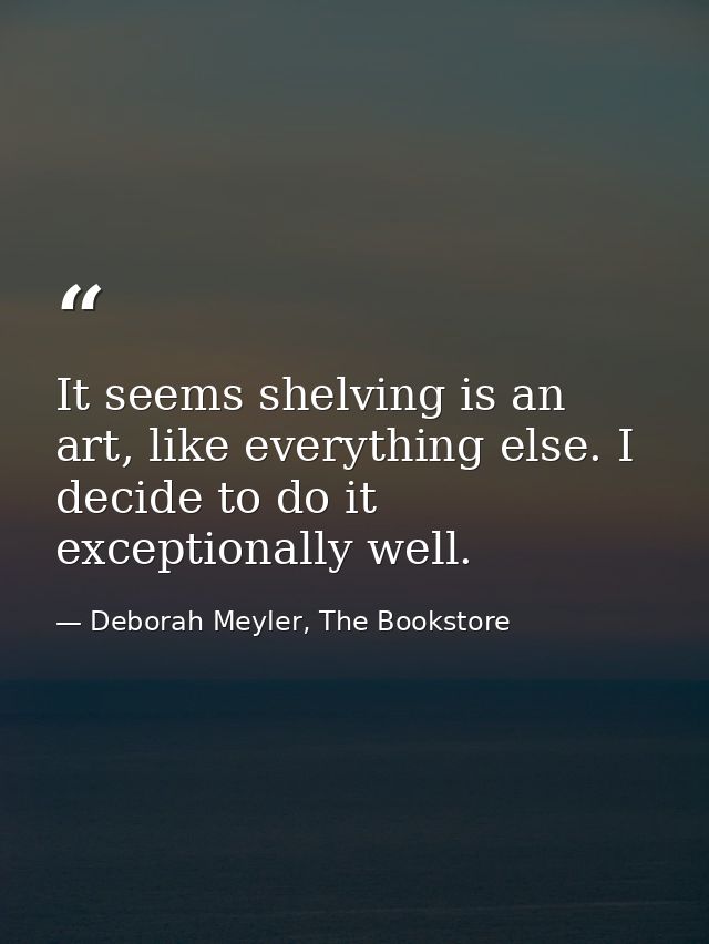 It seems shelving is an art, like everything else. I decide to do it exceptionally well. — Deborah Meyler, The Bookstore