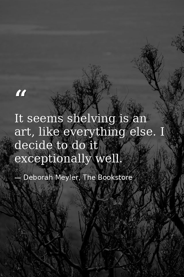 It seems shelving is an art, like everything else. I decide to do it exceptionally well. — Deborah Meyler, The Bookstore