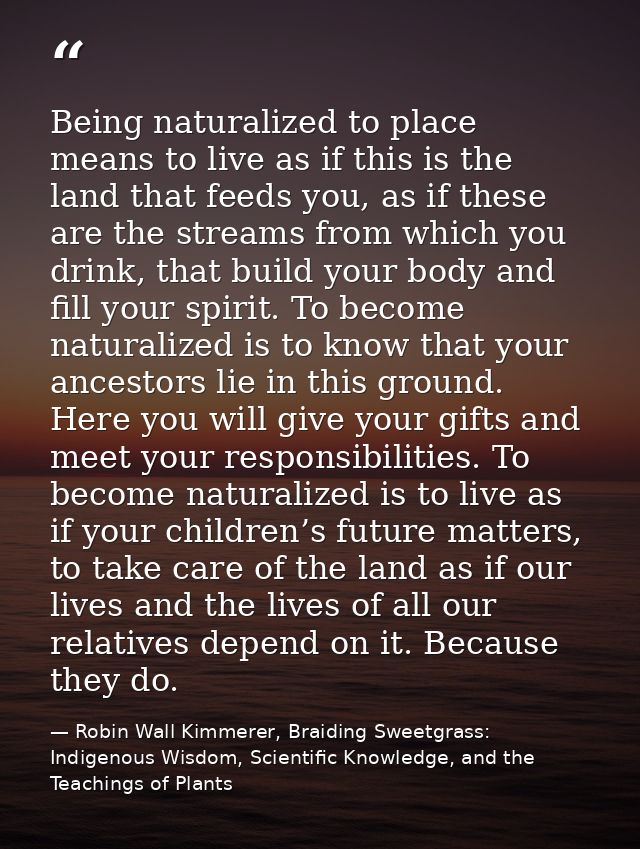 Being naturalized to place means to live as if this is the land that feeds you, as if these are the streams from which y — Robin Wall Kimmerer, Braiding Sweetgrass: Indigenous Wisdom, Scientific Knowledge, and the Teachings of Plants
