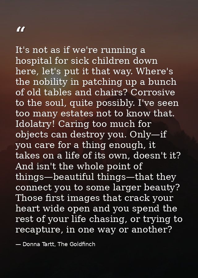 It's not as if we're running a hospital for sick children down here, let's put it that way. Where's the nobility in patc — Donna Tartt, The Goldfinch