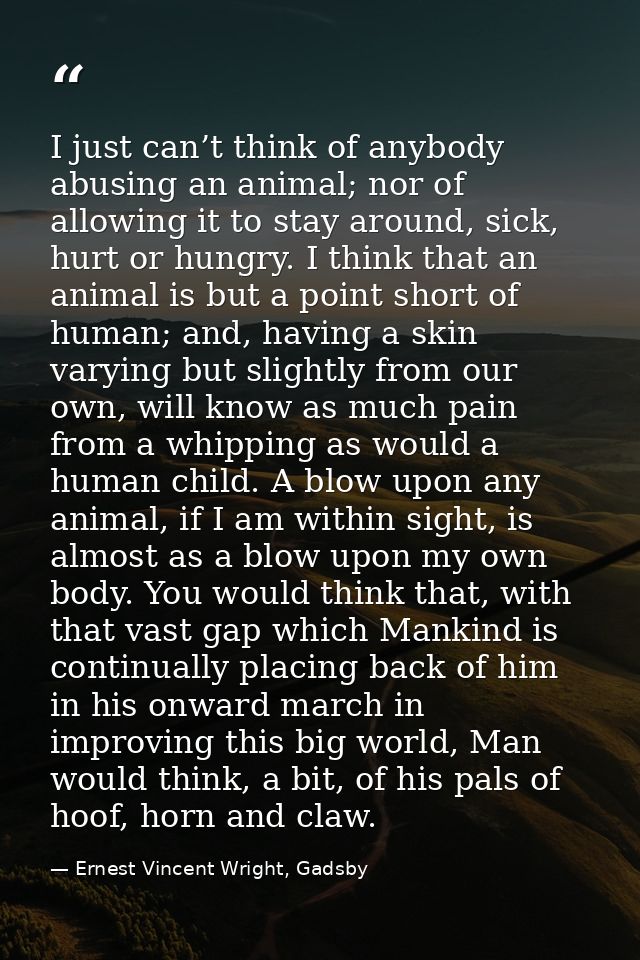 I just can’t think of anybody abusing an animal; nor of allowing it to stay around, sick, hurt or hungry. I think that a — Ernest Vincent Wright, Gadsby