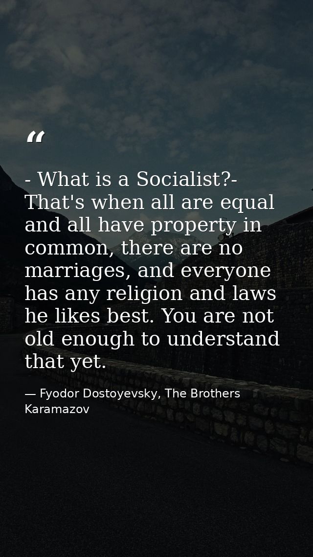 - What is a Socialist?- That's when all are equal and all have property in common, there are no marriages, and everyone  — Fyodor Dostoyevsky, The Brothers Karamazov