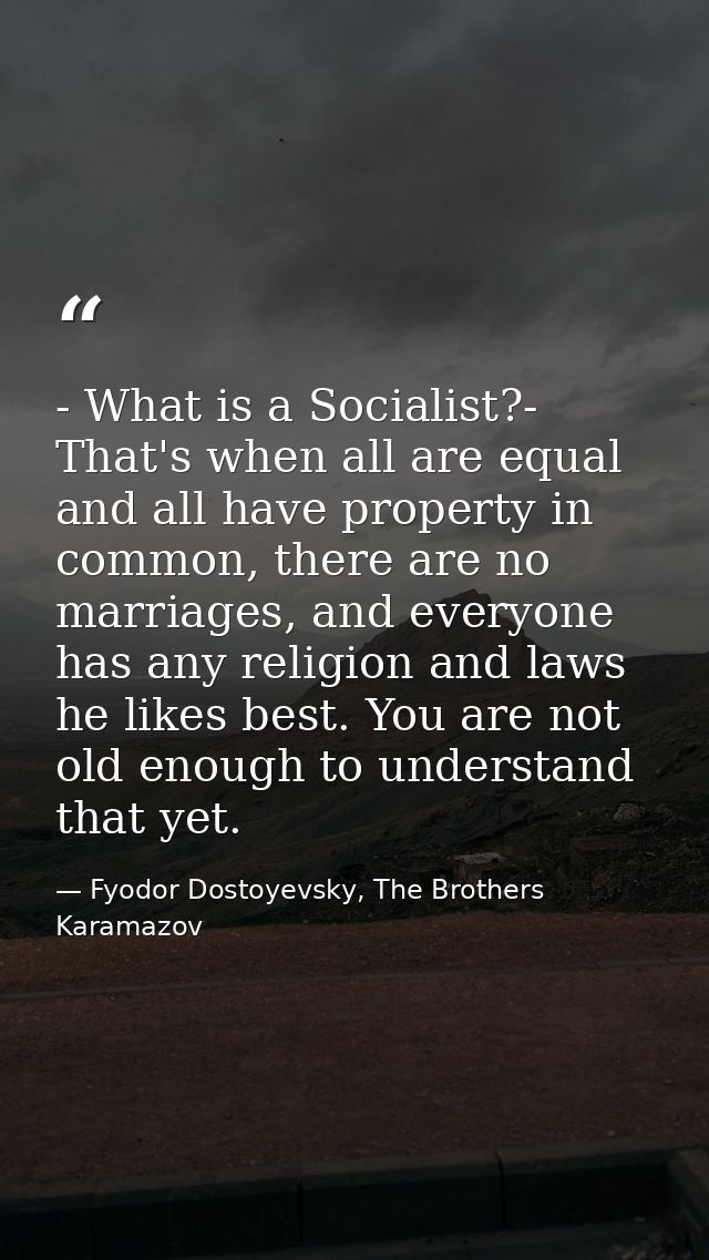 - What is a Socialist?- That's when all are equal and all have property in common, there are no marriages, and everyone  — Fyodor Dostoyevsky, The Brothers Karamazov
