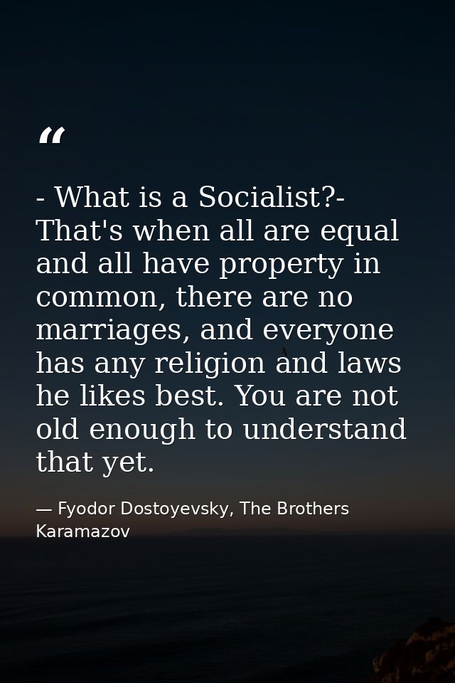 - What is a Socialist?- That's when all are equal and all have property in common, there are no marriages, and everyone  — Fyodor Dostoyevsky, The Brothers Karamazov
