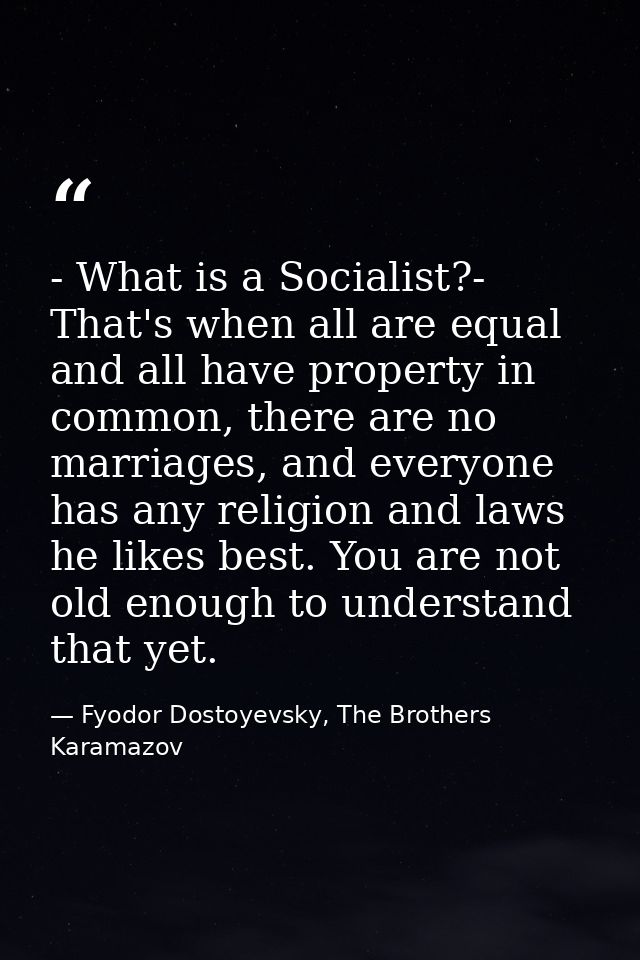 - What is a Socialist?- That's when all are equal and all have property in common, there are no marriages, and everyone  — Fyodor Dostoyevsky, The Brothers Karamazov