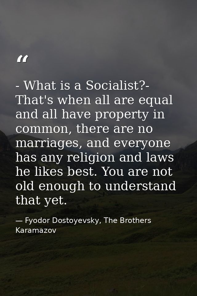 - What is a Socialist?- That's when all are equal and all have property in common, there are no marriages, and everyone  — Fyodor Dostoyevsky, The Brothers Karamazov
