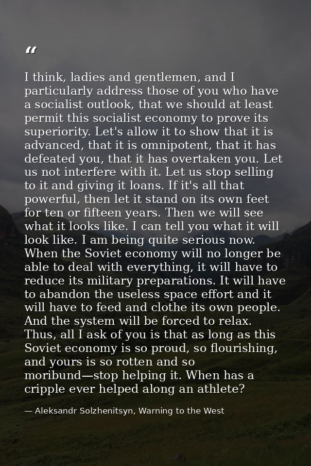 I think, ladies and gentlemen, and I particularly address those of you who have a socialist outlook, that we should at l — Aleksandr Solzhenitsyn, Warning to the West