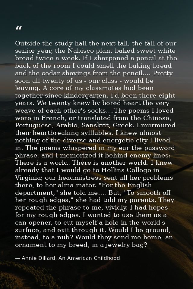 Outside the study hall the next fall, the fall of our senior year, the Nabisco plant baked sweet white bread twice a wee — Annie Dillard, An American Childhood