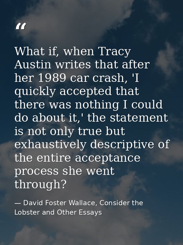 What if, when Tracy Austin writes that after her 1989 car crash, 'I quickly accepted that there was nothing I could do a — David Foster Wallace, Consider the Lobster and Other Essays