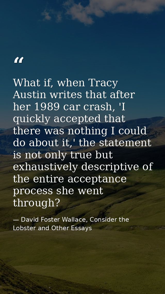 What if, when Tracy Austin writes that after her 1989 car crash, 'I quickly accepted that there was nothing I could do a — David Foster Wallace, Consider the Lobster and Other Essays