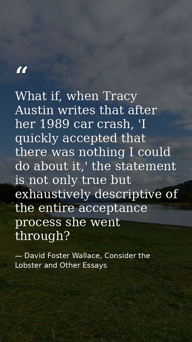 What if, when Tracy Austin writes that after her 1989 car crash, 'I quickly accepted that there was nothing I could do a — David Foster Wallace, Consider the Lobster and Other Essays