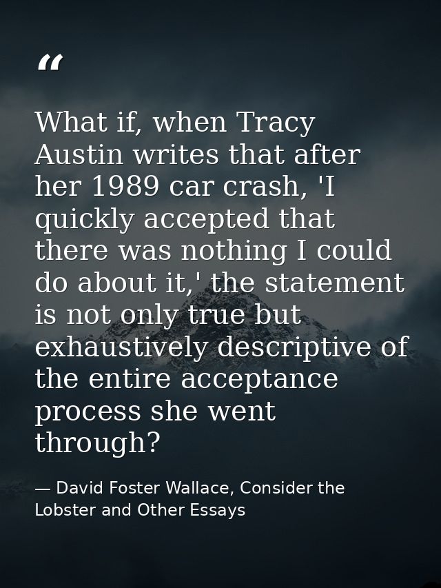 What if, when Tracy Austin writes that after her 1989 car crash, 'I quickly accepted that there was nothing I could do a — David Foster Wallace, Consider the Lobster and Other Essays