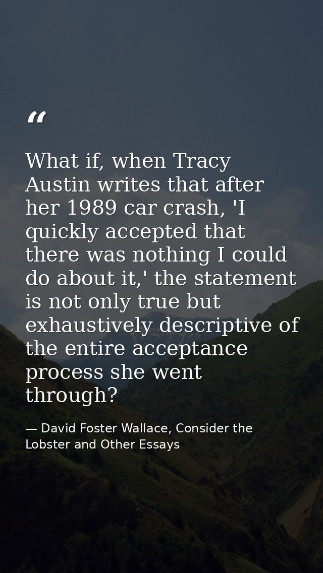 What if, when Tracy Austin writes that after her 1989 car crash, 'I quickly accepted that there was nothing I could do a — David Foster Wallace, Consider the Lobster and Other Essays