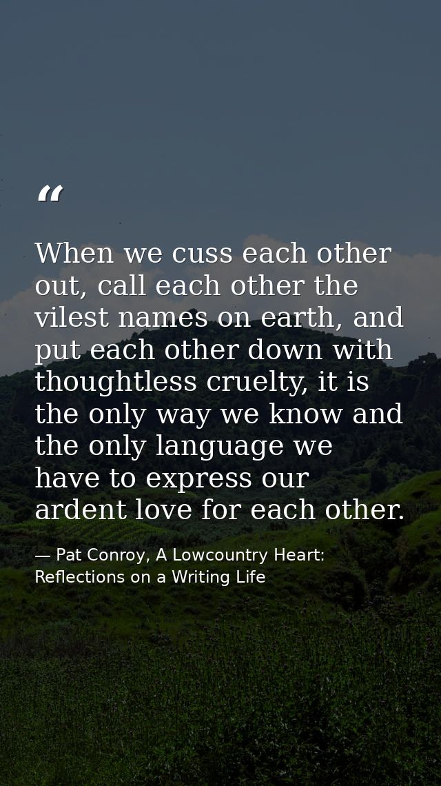 When we cuss each other out, call each other the vilest names on earth, and put each other down with thoughtless cruelty — Pat Conroy, A Lowcountry Heart: Reflections on a Writing Life