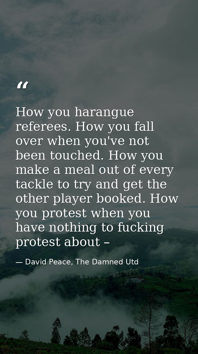 How you harangue referees. How you fall over when you've not been touched. How you make a meal out of every tackle to tr — David Peace, The Damned Utd