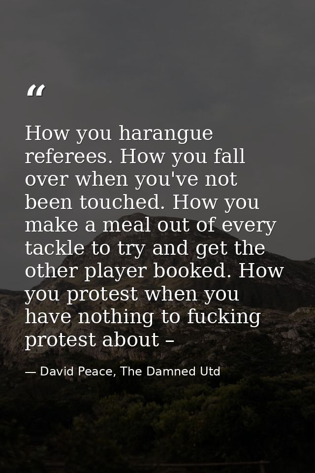 How you harangue referees. How you fall over when you've not been touched. How you make a meal out of every tackle to tr — David Peace, The Damned Utd