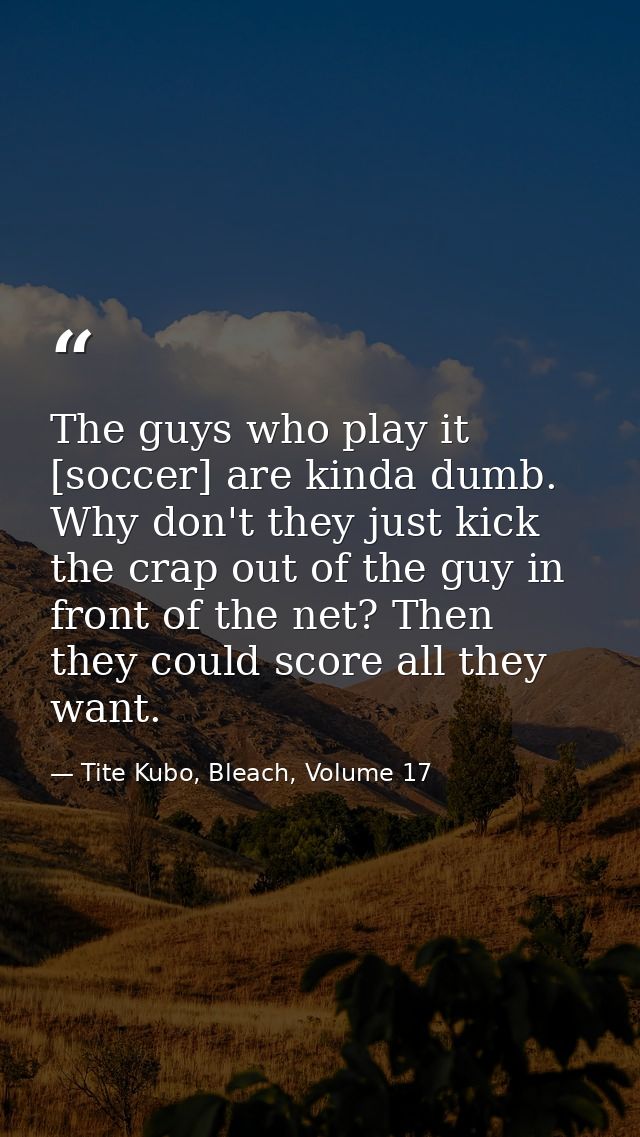 The guys who play it [soccer] are kinda dumb. Why don't they just kick the crap out of the guy in front of the net? Then — Tite Kubo, Bleach, Volume 17