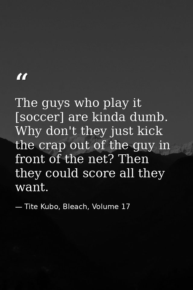 The guys who play it [soccer] are kinda dumb. Why don't they just kick the crap out of the guy in front of the net? Then — Tite Kubo, Bleach, Volume 17