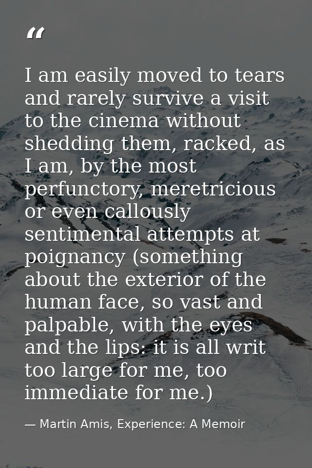 I am easily moved to tears and rarely survive a visit to the cinema without shedding them, racked, as I am, by the most  — Martin Amis, Experience: A Memoir