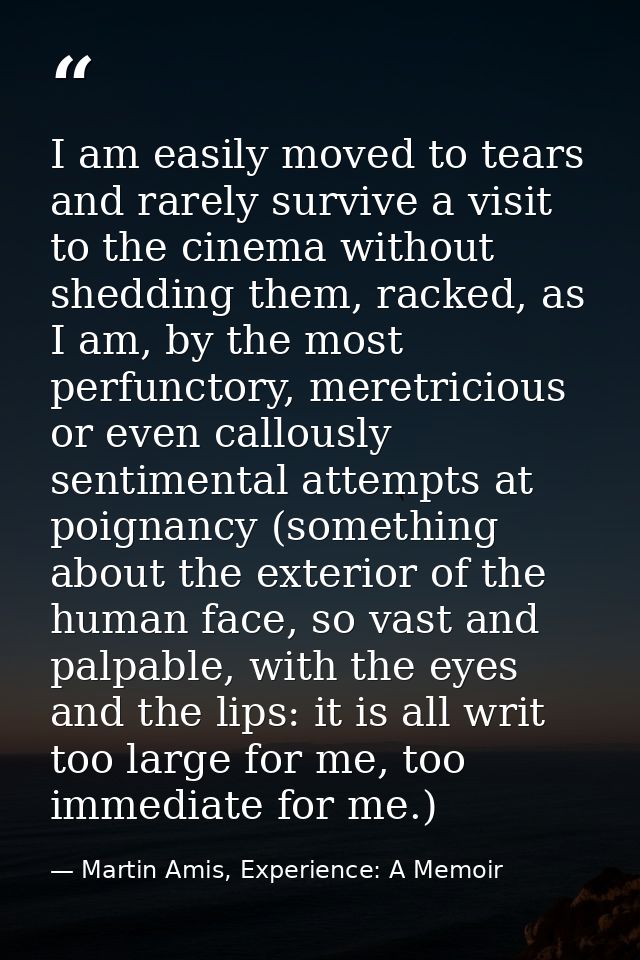 I am easily moved to tears and rarely survive a visit to the cinema without shedding them, racked, as I am, by the most  — Martin Amis, Experience: A Memoir