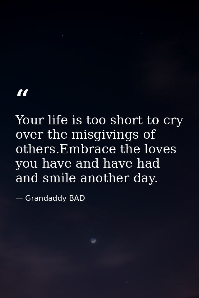 Your life is too short to cry over the misgivings of others.Embrace the loves you have and have had and smile another da — Grandaddy BAD