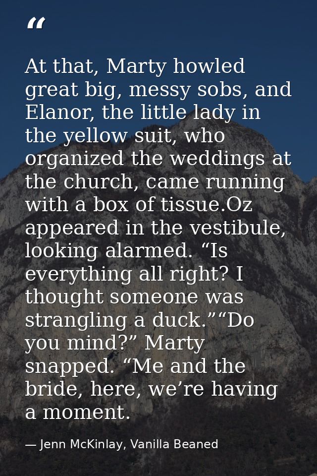 At that, Marty howled great big, messy sobs, and Elanor, the little lady in the yellow suit, who organized the weddings  — Jenn McKinlay, Vanilla Beaned