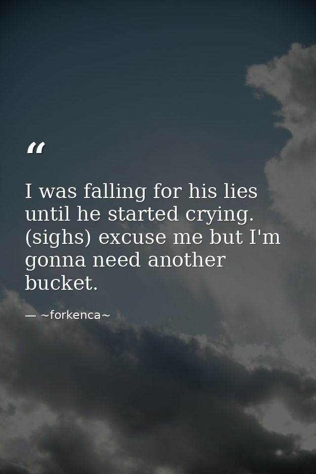 I was falling for his lies until he started crying. (sighs) excuse me but I'm gonna need another bucket. — ~forkenca~