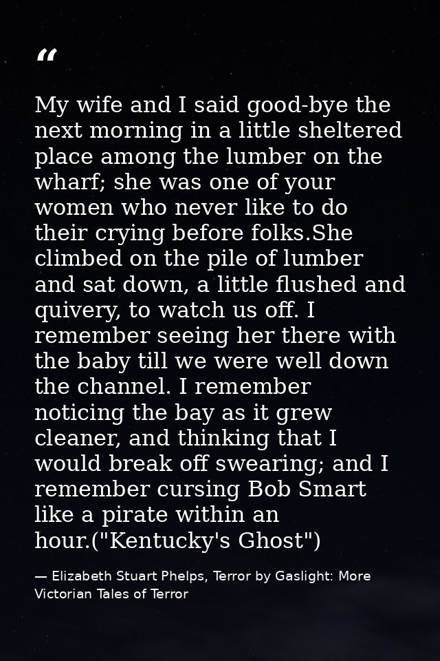 My wife and I said good-bye the next morning in a little sheltered place among the lumber on the wharf; she was one of y — Elizabeth Stuart Phelps, Terror by Gaslight: More Victorian Tales of Terror