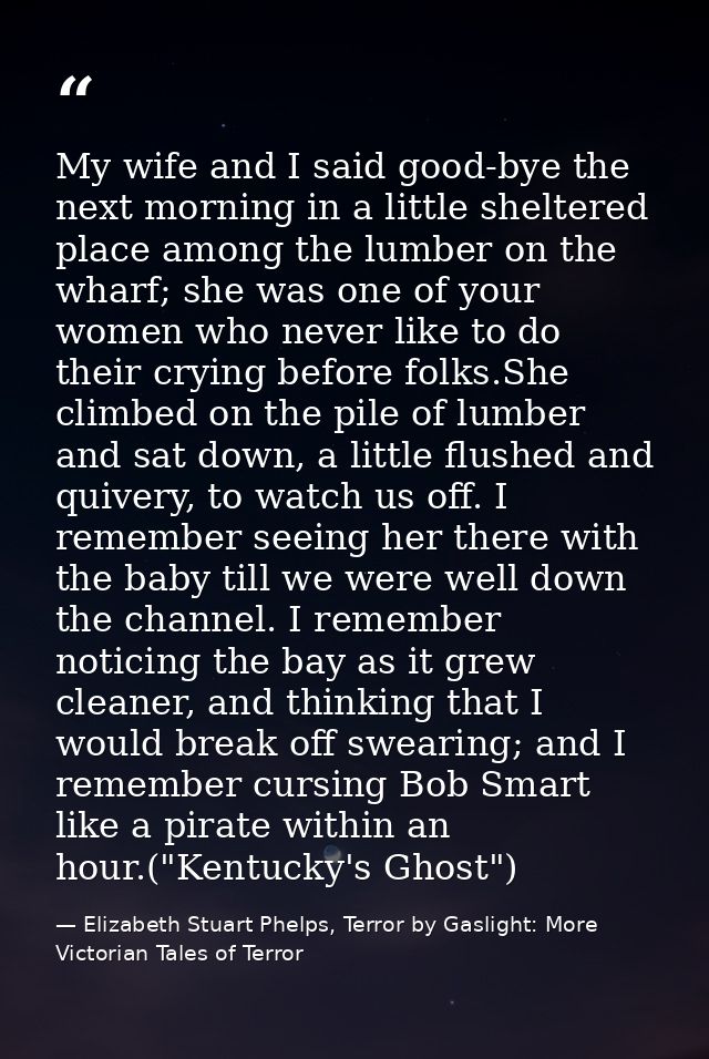 My wife and I said good-bye the next morning in a little sheltered place among the lumber on the wharf; she was one of y — Elizabeth Stuart Phelps, Terror by Gaslight: More Victorian Tales of Terror