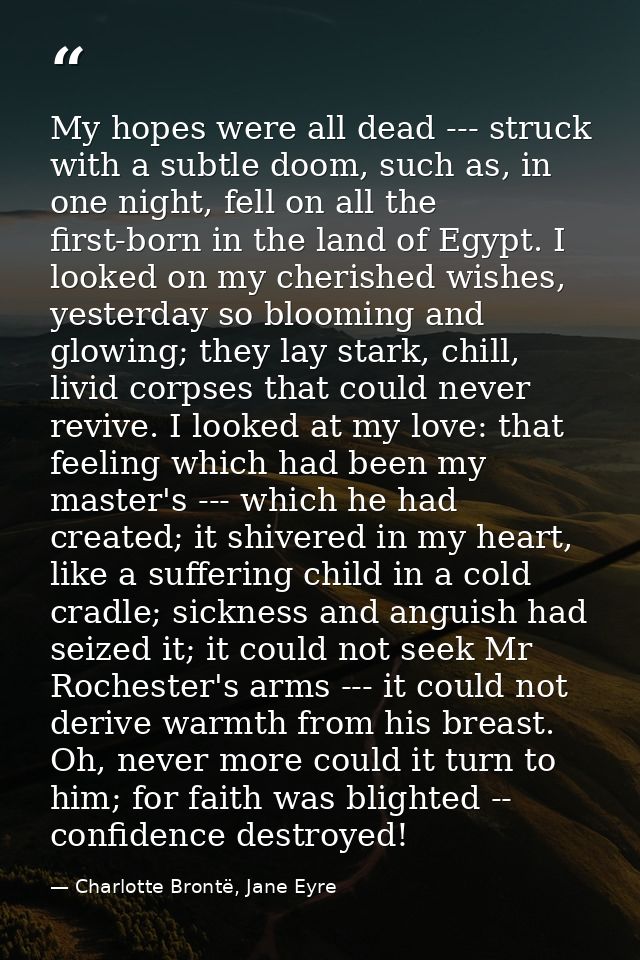 My hopes were all dead --- struck with a subtle doom, such as, in one night, fell on all the first-born in the land of E — Charlotte Brontë, Jane Eyre