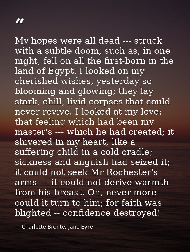 My hopes were all dead --- struck with a subtle doom, such as, in one night, fell on all the first-born in the land of E — Charlotte Brontë, Jane Eyre