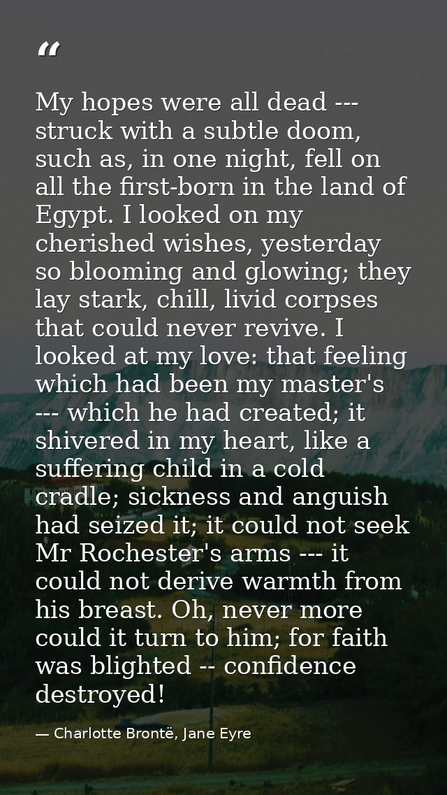 My hopes were all dead --- struck with a subtle doom, such as, in one night, fell on all the first-born in the land of E — Charlotte Brontë, Jane Eyre