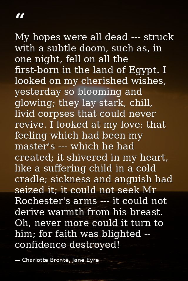 My hopes were all dead --- struck with a subtle doom, such as, in one night, fell on all the first-born in the land of E — Charlotte Brontë, Jane Eyre