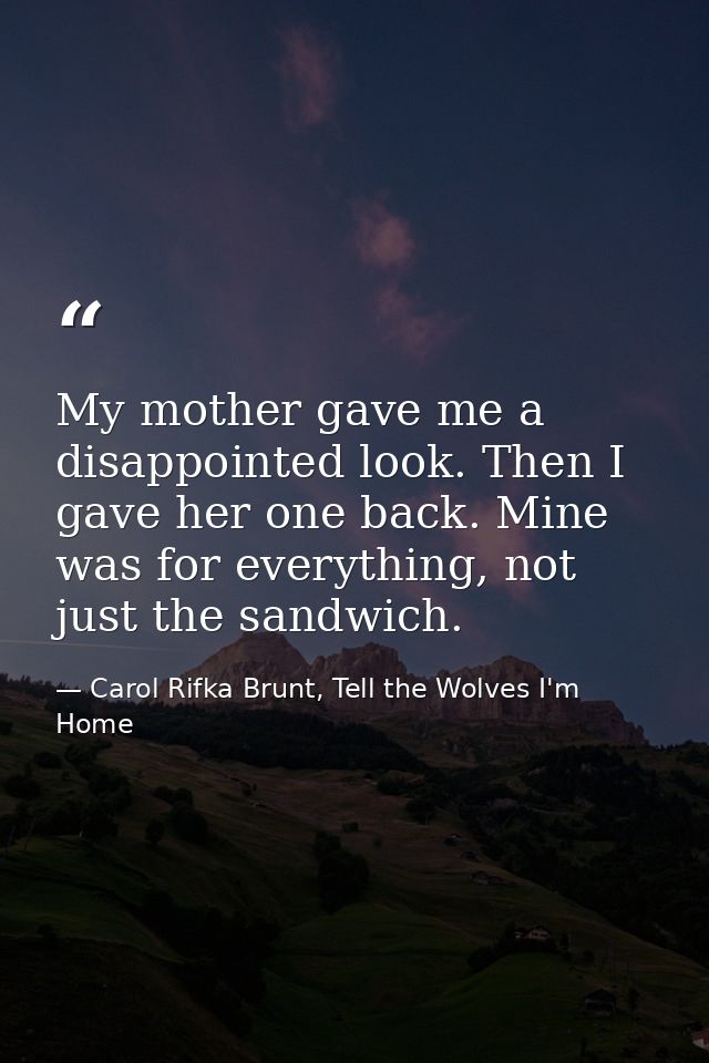 My mother gave me a disappointed look. Then I gave her one back. Mine was for everything, not just the sandwich. — Carol Rifka Brunt, Tell the Wolves I'm Home