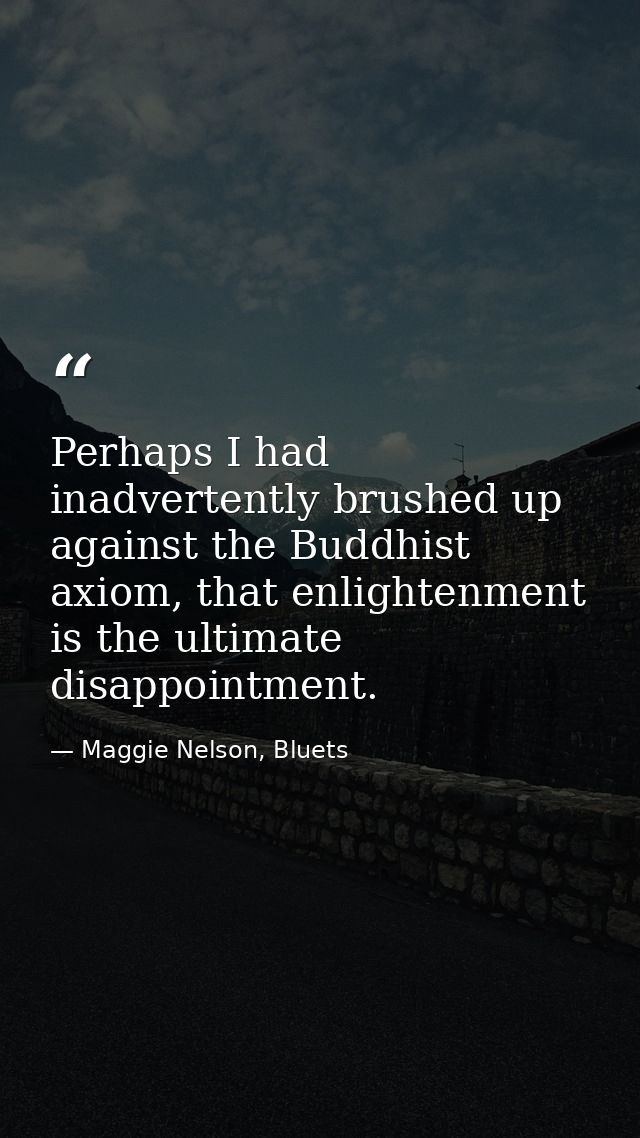 Perhaps I had inadvertently brushed up against the Buddhist axiom, that enlightenment is the ultimate disappointment. — Maggie Nelson, Bluets