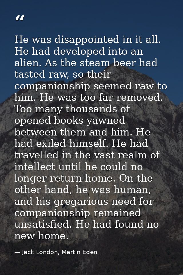 He was disappointed in it all. He had developed into an alien. As the steam beer had tasted raw, so their companionship  — Jack London, Martin Eden