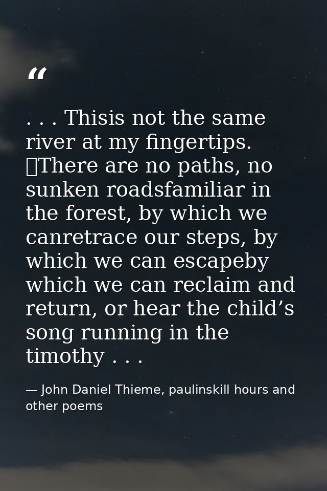 . . . Thisis not the same river at my fingertips. 	There are no paths, no sunken roadsfamiliar in the forest, by which w — John Daniel Thieme, paulinskill hours and other poems