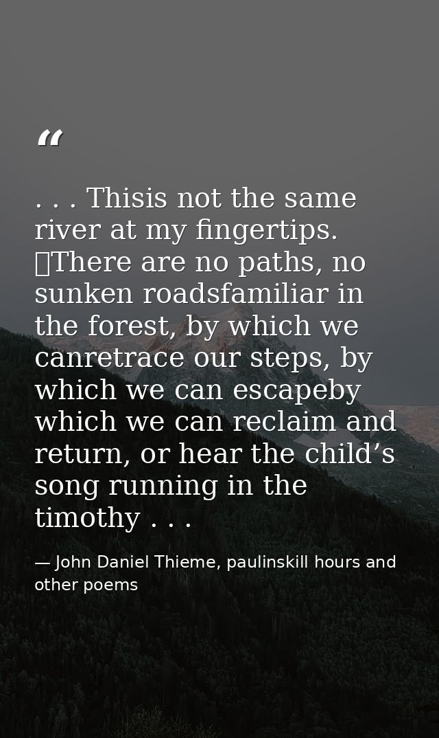 . . . Thisis not the same river at my fingertips. 	There are no paths, no sunken roadsfamiliar in the forest, by which w — John Daniel Thieme, paulinskill hours and other poems