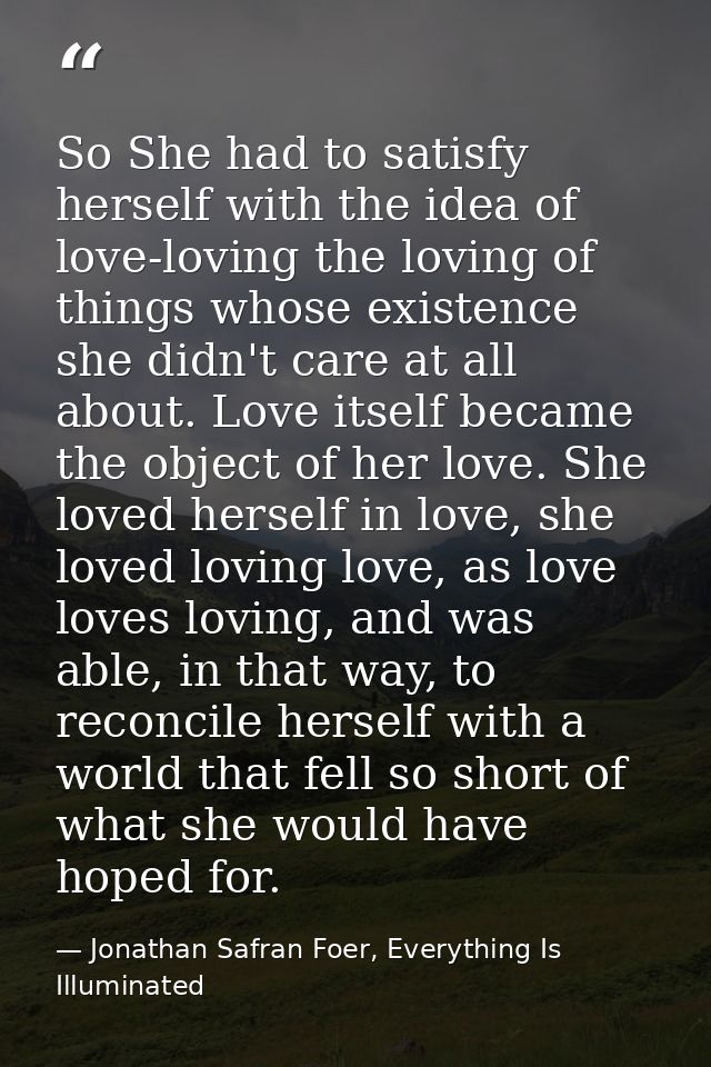 So She had to satisfy herself with the idea of love-loving the loving of things whose existence she didn't care at all a — Jonathan Safran Foer, Everything Is Illuminated
