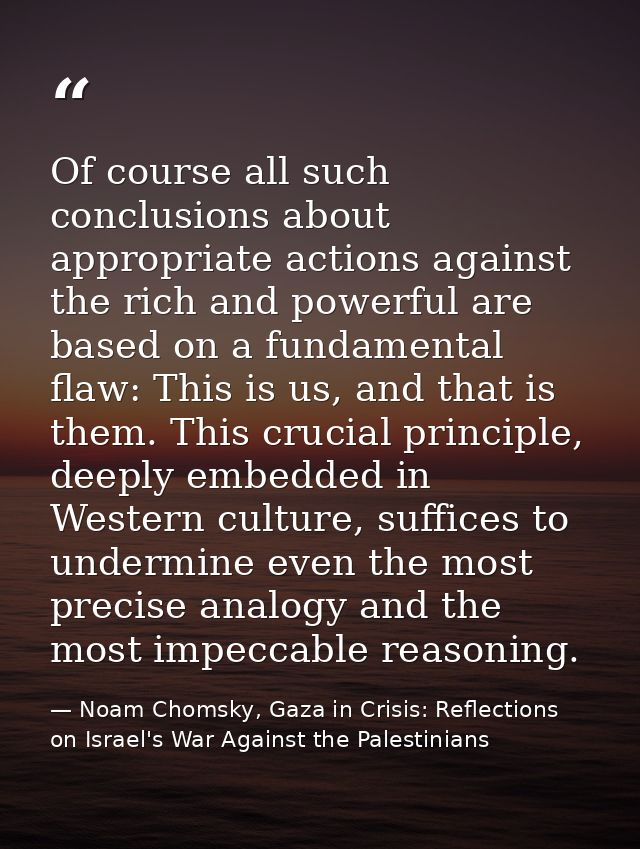 Of course all such conclusions about appropriate actions against the rich and powerful are based on a fundamental flaw:  — Noam Chomsky, Gaza in Crisis: Reflections on Israel's War Against the Palestinians