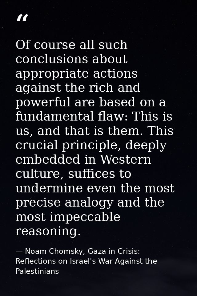Of course all such conclusions about appropriate actions against the rich and powerful are based on a fundamental flaw:  — Noam Chomsky, Gaza in Crisis: Reflections on Israel's War Against the Palestinians