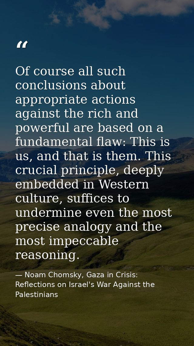 Of course all such conclusions about appropriate actions against the rich and powerful are based on a fundamental flaw:  — Noam Chomsky, Gaza in Crisis: Reflections on Israel's War Against the Palestinians