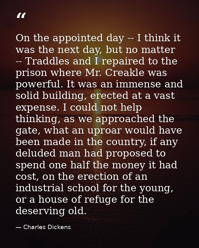 On the appointed day -- I think it was the next day, but no matter -- Traddles and I repaired to the prison where Mr. Cr — Charles Dickens
