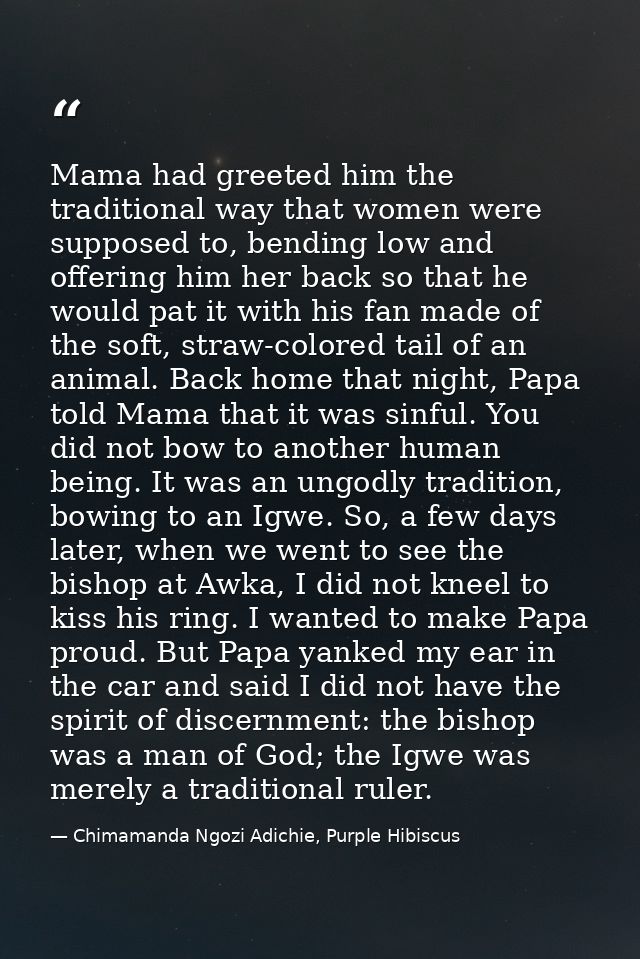 Mama had greeted him the traditional way that women were supposed to, bending low and offering him her back so that he w — Chimamanda Ngozi Adichie, Purple Hibiscus