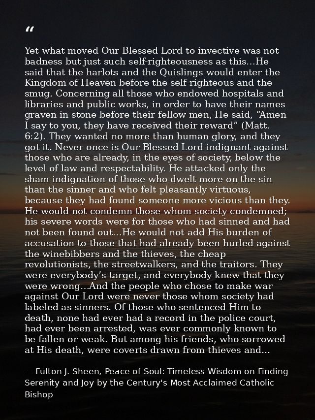 Yet what moved Our Blessed Lord to invective was not badness but just such self-righteousness as this…He said that the h — Fulton J. Sheen, Peace of Soul: Timeless Wisdom on Finding Serenity and Joy by the Century's Most Acclaimed Catholic Bishop