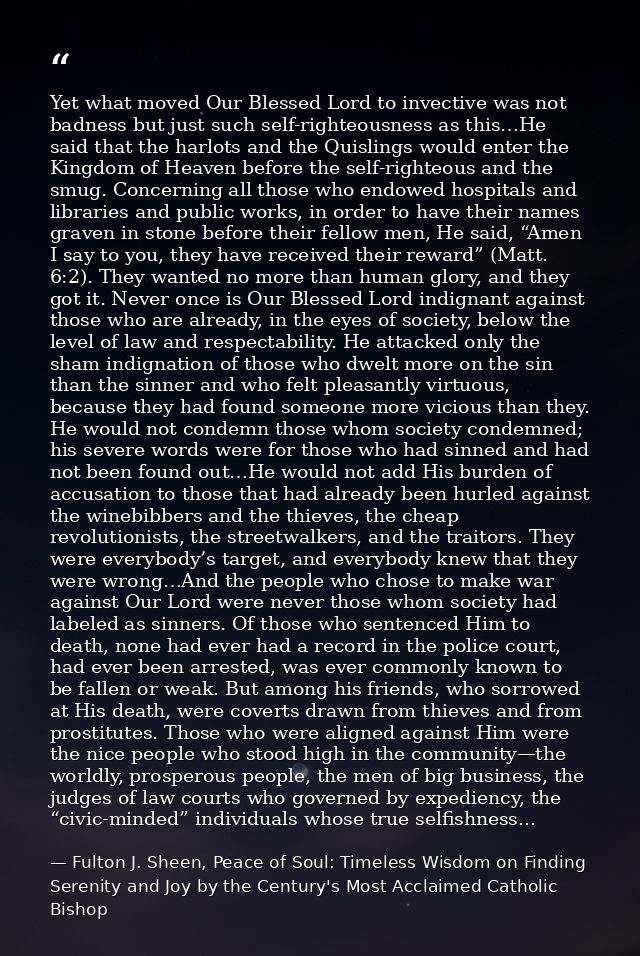 Yet what moved Our Blessed Lord to invective was not badness but just such self-righteousness as this…He said that the h — Fulton J. Sheen, Peace of Soul: Timeless Wisdom on Finding Serenity and Joy by the Century's Most Acclaimed Catholic Bishop